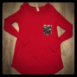 Red Thin Long Sleeve Sequin Pocket
